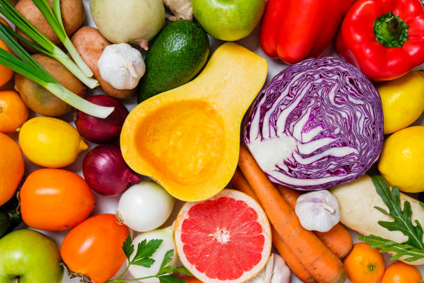 Colourful assortment of nutrient-dense vegetables and fruits