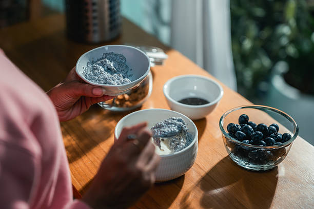 Healthy breakfast with whole grains, fruits and seeds